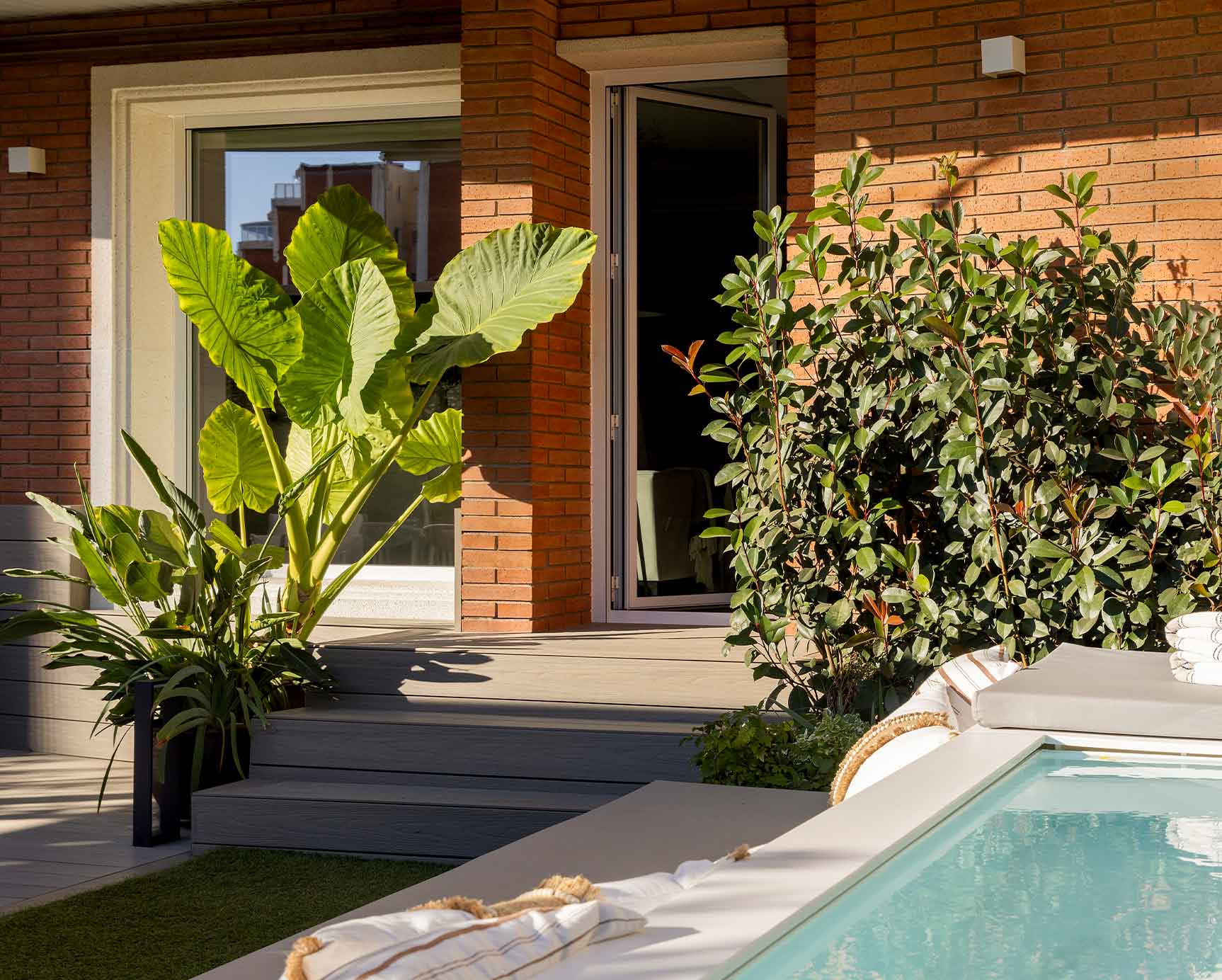 Decoración con plantas en el exterior con piscina