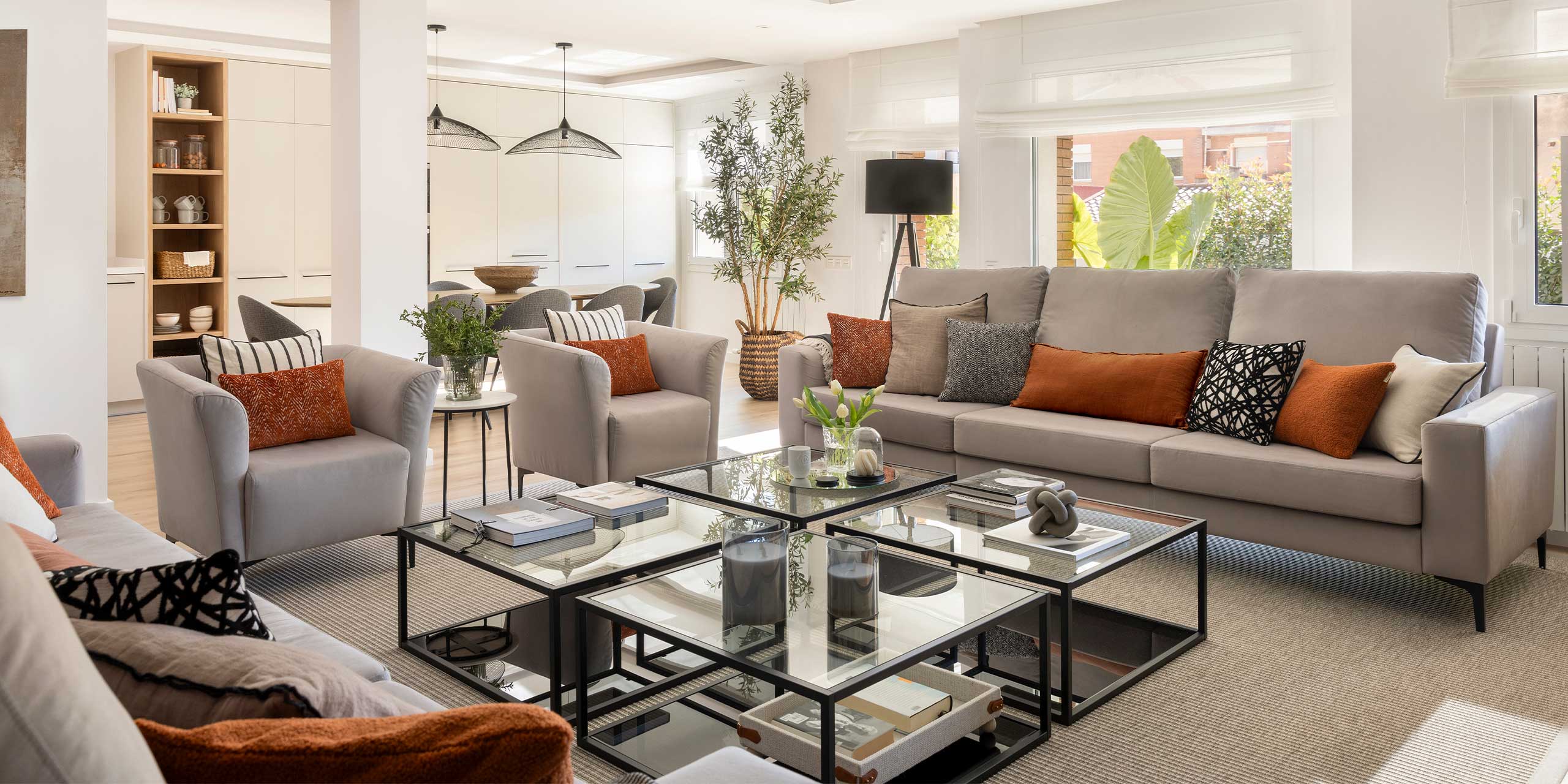 Interior design spacious living room with sofas